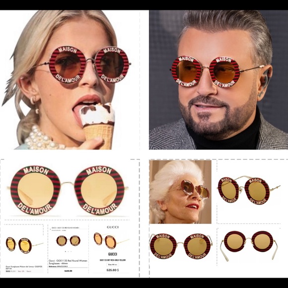 UNISEX GUCCI MAISON DEL’ AMOUR ROUND BLACK AND RED STRIPES SUNGLASSES - Picture 7 of 16